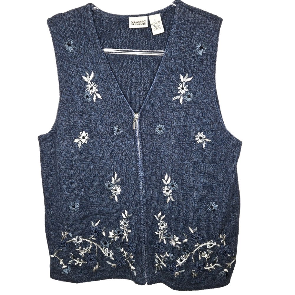 Classic Elements Full Zip Sweater Vest Size L Blue Embroidered Floral VTG NEW